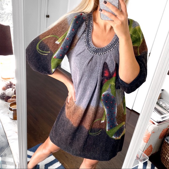 Cherry Dresses & Skirts - 🍂 CHERRY GREY GREEN HEEL PRINT PUFFY SLEEVE KNIT DRESS!